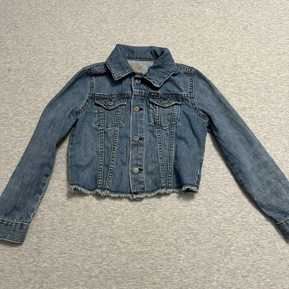 Polo Ralph Lauren‎ Denim Crop Jacket Girls 6X/6 Spellout Small Pony Trucker